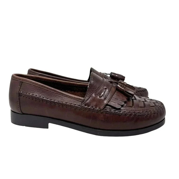 Stafford Mens woven leather Loafers Shoes Tassel slip on size 7 Medium brown - Picture 2 of 8